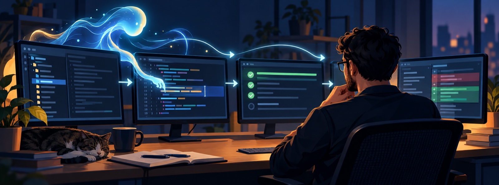 Engineer reviewing an AI agent’s code change and verification results